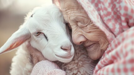 Happy Pakistani grandmother cuddling a goat, detailed textures capturing the tender moment, her aged face full of joy and the goat's fur soft and lifelike