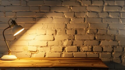 Obraz premium Luminous lamp on wooden surface next to white brick wall in dim space