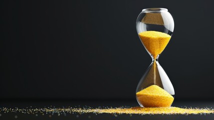 Hourglass with bright yellow sand passing through, symbolizing countdown and time running out, set against a completely black background, highlighting the concept of a deadline