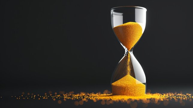 Hourglass with bright yellow sand passing through, symbolizing countdown and time running out, set against a completely black background, highlighting the concept of a deadline