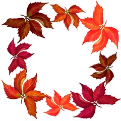 Autumn frame with leaves. Watercolor texture of brown, ocher, red, orange on a white background