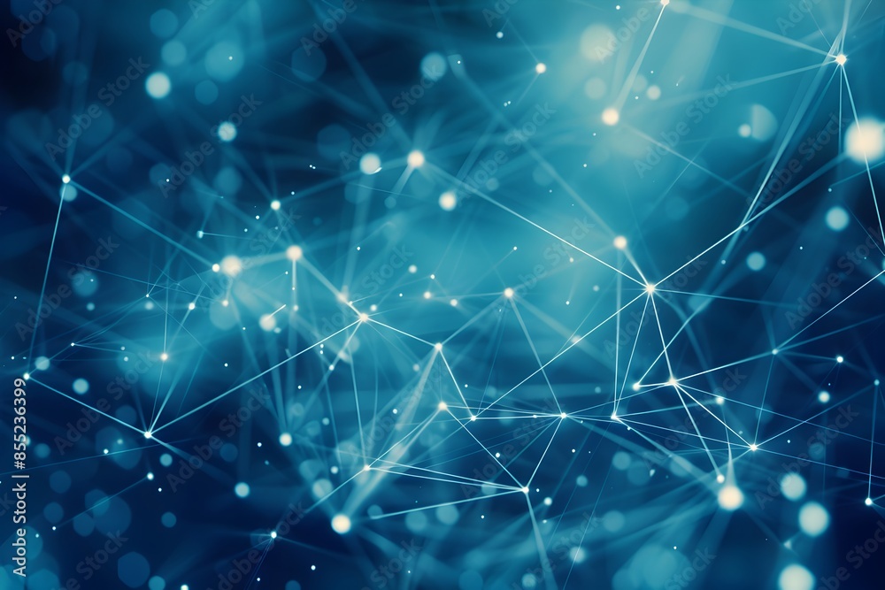 Poster abstract background with white polygonal lines and dots on blue, forming an interconnected network o