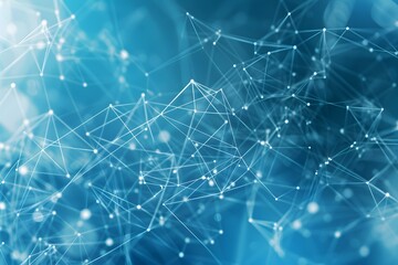 Abstract background with white polygonal lines and dots on blue, forming an interconnected network or structure of digital connections
