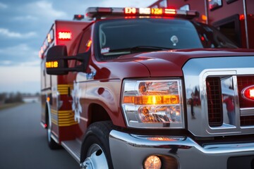 Naklejka premium Close-up of a red emergency vehicle with flashing lights, reflecting on a road under a cloudy sky.