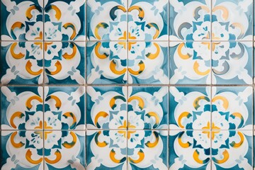 Top view background of blue ceramic tiles adorned with intricate golden eastern ornamentation