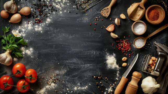 Blackboard with a step-by-step recipe written in chalk, accompanied by small illustrations of ingredients and cooking tools, creating an engaging culinary guide 