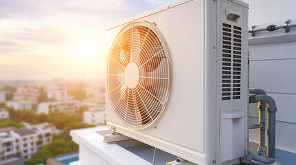 An outdoor air conditioning unit mounted on a white structure, possibly a rooftop. The unit has a large circular fan at its center, with multiple fins radiating outwards.
