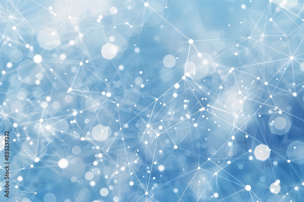 Poster abstract background with white polygonal lines and dots on blue, forming an interconnected network o