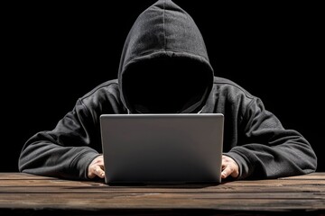 faceless hackers shadows man terrorist with virus computer attack to server network system online in data technology internet using laptop. Generative ai