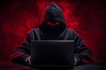 faceless hackers shadows man terrorist with virus computer attack to server network system online in data technology internet using laptop. Generative ai