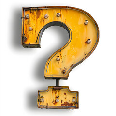 A rusted, yellow question mark with a bunch of lights inside. The question mark is old and worn, but still has a certain charm to it