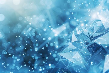 Abstract white polygonal shapes on a blue background with dots and lines, in the style of a futuristic network technology concept
