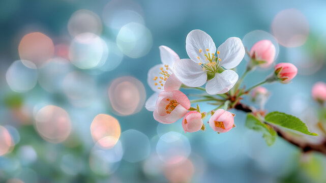 A branch of a tree blooming with white flowers on a blue background with bokeh. Copy space. High quality photo