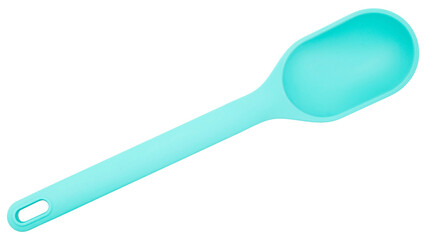 Silicone spoon. Light blue turquoise
color. Good for home cooking and baking. Mixing kitchen tool. Rubber spoon. Plastic utensil for restaurant kitchenware. Isolated object. Food equipment for chef.