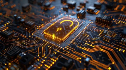 A glowing padlock icon is displayed on a circuit board, suggesting a secure digital network.