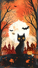 A black cat is sitting in front of a house with a pumpkin on the porch