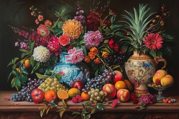 Oil painting of a vibrant still life, featuring an assortment of fruits, flowers, and a vintage vase, with intricate details and a rich color palette that brings the arrangement to life 