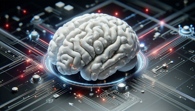 A translucent white brain embodies AI’s vast promise, guiding us towards an enlightened technological future.