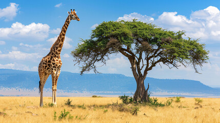 Obraz premium A giraffe stands alone beside a tree in the wilderness of Africa