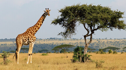 Obraz premium A giraffe stands alone beside a tree in the wilderness of Africa