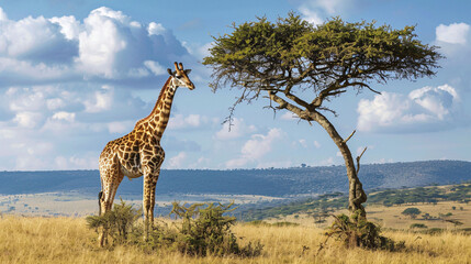 A giraffe stands alone beside a tree in the wilderness of Africa