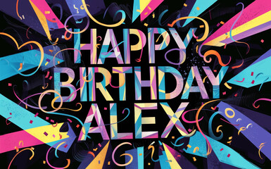 colorful happy birthday Alex greeting card design