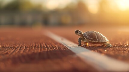 A small turtle crossing a sunlit outdoor track with a shallow depth of field, capturing the essence of slow and steady progress.