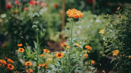 Calendula bloom planted in a flower bed in a garden