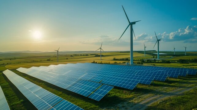 A serene landscape showcasing solar panels and wind turbines, symbolizing sustainable energy solutions and environmental conservation. Ideal for promoting renewable energy initiatives.
