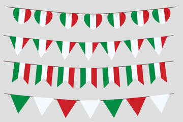 Obraz premium Italian flag set bunting vector. Flag heart triangle shape elements isolated on white background.