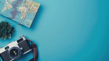 A flat lay image of a camera, a world map notebook, and a succulent plant on a blue background