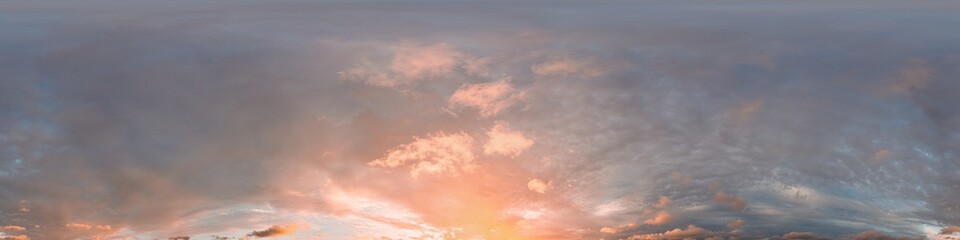 Obraz premium 360 panorama of glowing sunset sky with bright pink Cumulus clouds. HDR 360 seamless spherical panorama. Full zenith or sky dome sky replacement for aerial drone panoramas. Climate and weather change.