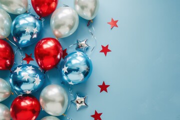 Fototapeta premium stars and foil balloons in the colors of USA flag on blue background with copy space for text Generative AI