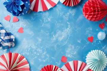 Obraz premium blue background with USA flag colors, balloon and paper fans for the food festival of America on wide banner space Generative AI