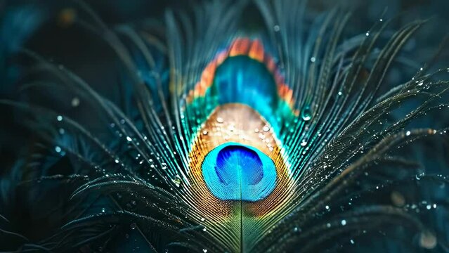 This close-up image captures a vibrant peacock feather adorned with dew droplets, photographed in low light. The intricate details and vivid colors highlight the feather's eye pattern, creating a