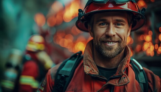 Confident firefighter with a blurred background of flames and financial data overlay