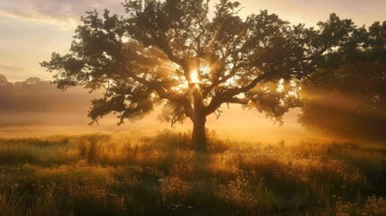 Peaceful Sunrise with Old Oak Tree in Meadow, Capturing the Beauty of a Summer Morning.