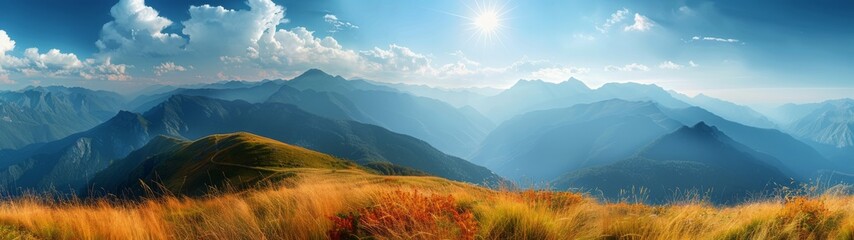 Fototapeta premium Sunlit Mountaintop View With Rolling Hills and Clouds