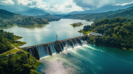 An aerial shot captures a dam releasing water into a vast reservoir, surrounded by lush green mountains under a partly cloudy sky.
