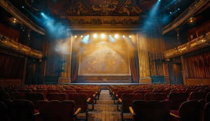Empty Theater Seats Facing Stage With Golden Decor