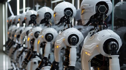 Fototapeta premium A row of humanoid robots stands in a modern factory. The robots are sleek and white, with exposed wiring and mechanical parts.