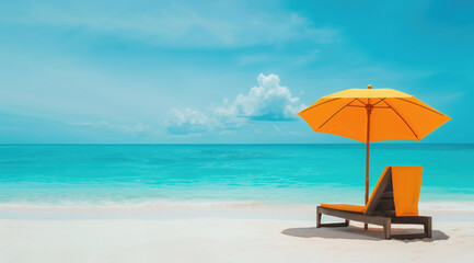 Summer background with turquoise waters and a clear blue sky, and a orange umbrella, on a sandy beach.