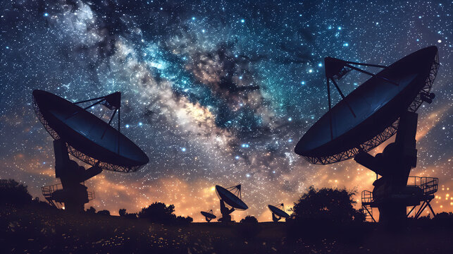 Antenas parab&oacute;licas observando el espacio bajo cielo estrellado