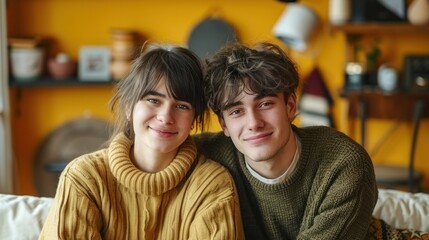 Fototapeta premium Young man and woman sitting next to each other, smiling at the camera and posing for a photo in a warm and friendly atmosphere.