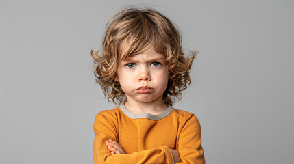 Defiant Child with Crossed Arms and Pouty Expression Against Neutral Background - Space for Text, Negative Emotions, Stubborn Behavior