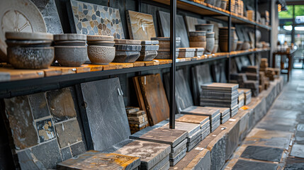 Fototapeta premium stack of paving tiles in a warehouse. Production and sale of stone paving tiles for street flooring. Construction industry, building materials.