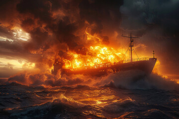 Obraz premium Fiery explosion on a ship amidst stormy seas. The intense flames and dark clouds create a dramatic and chaotic scene.