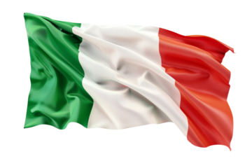 Italian flag waving on a white background. The vibrant green, white, and red colors are clearly visible in the flowing fabric.