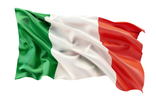 Italian flag waving on a white background. The vibrant green, white, and red colors are clearly visible in the flowing fabric. - Powered by Adobe