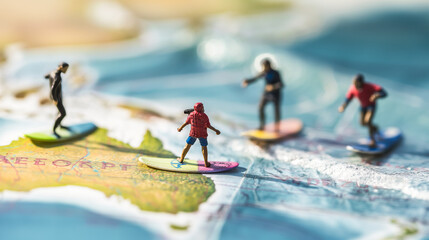 Tiny tourists taking photos beside a doodled illustration of surfers at the Gold Coast on a paper map as if they are watching a surfing competition in Australia.